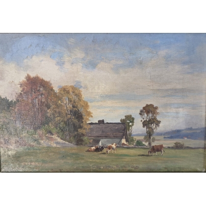 Tableau \"Vaches et chalet\" signé F. HUGUENIN L