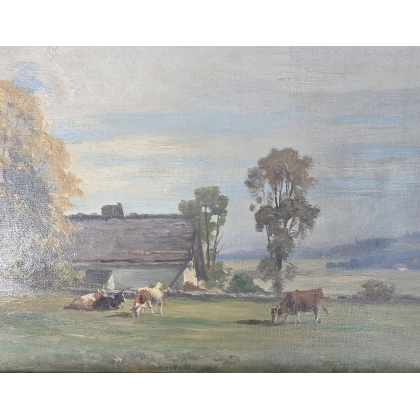 Tableau \"Vaches et chalet\" signé F. HUGUENIN L