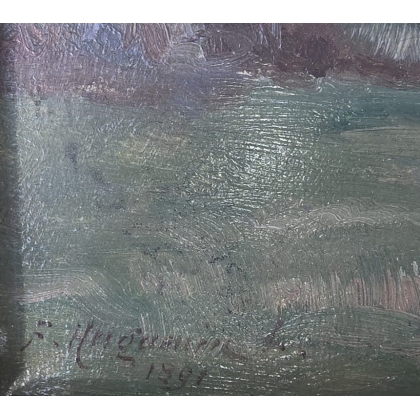 Tableau \"Vaches et chalet\" signé F. HUGUENIN L