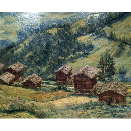 Tableau \"Grimentz\" signé J.A. MUSSLER
