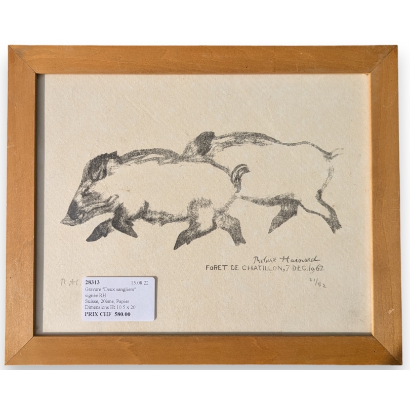 Engraving entitled ‘Two Wild Boars’, signed RH