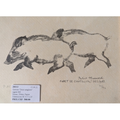 Engraving entitled ‘Two Wild Boars’, signed RH