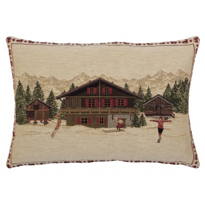 Coussin allongé \"Chalet en hiver\"