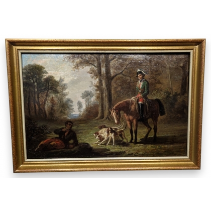 Tableau \"Cavalier et meute de chiens\" signé BARON