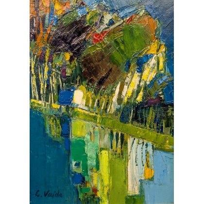 Tableau \"Bord de rivière\" signé L. VAJDA