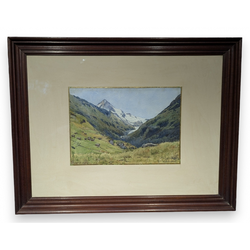 Aquarell „La Forclaz“, signiert mit „A.“ auf Moinat SA – Antiquitäten und Dekorationsgegenstände – Gouachen, Aquarelle, Pastelle