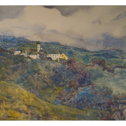 Gouache "Le couvent de Fahr" signée Hugo FREY 1917
