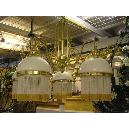Brass chandelier and globes in opaline