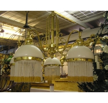 Brass chandelier and globes in opaline