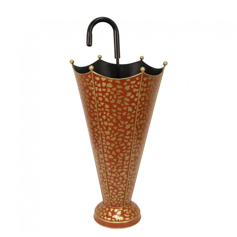 Sheet metal umbrella stand with red leopard-print design