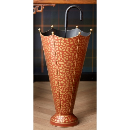 Sheet metal umbrella stand with red leopard-print design