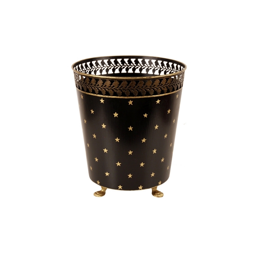 Round black sheet metal wastepaper basket with stars