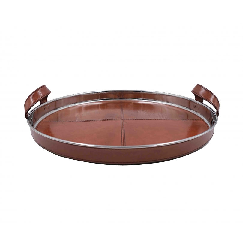 WALKER round tray in aluminium and brown leather