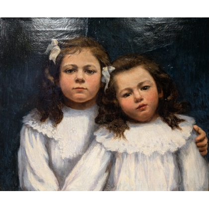  Tableau "2 Fillettes", huile sur toile, sur  Moinat SA  - Antiquités décoration