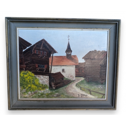 Tableau \"Village du Valais\" signé J. JUNGO