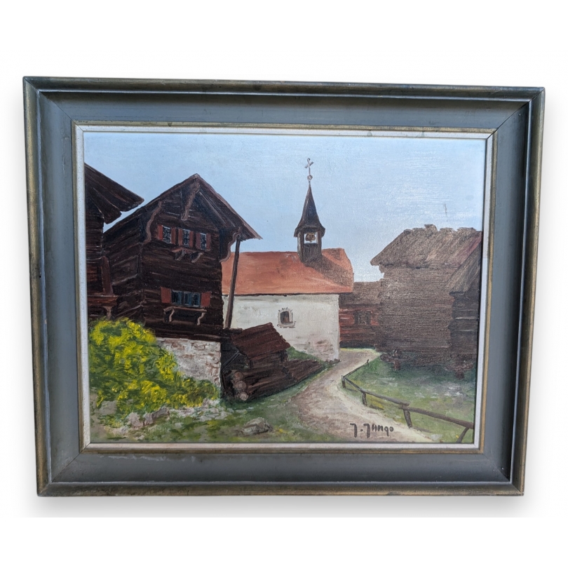 Tableau \"Village du Valais\" signé J. JUNGO