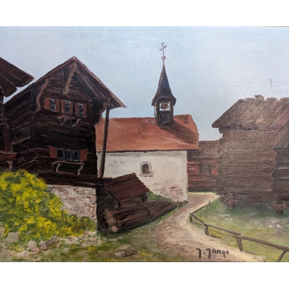 Tableau \"Village du Valais\" signé J. JUNGO