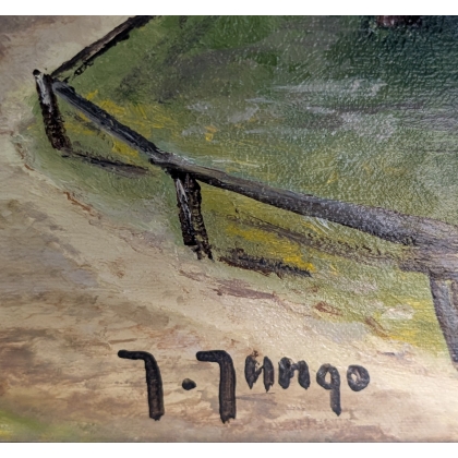 Tableau \"Village du Valais\" signé J. JUNGO