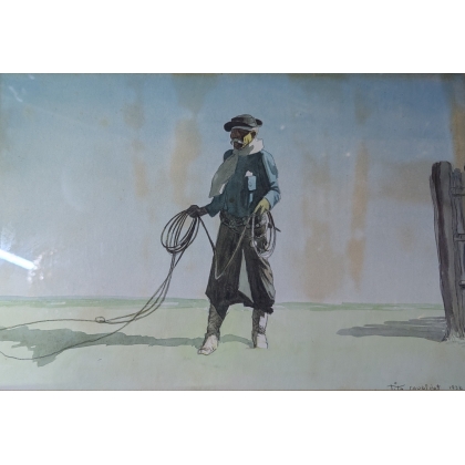 Aquarelle "Gaucho" signée Tito SAUBIDET 1932