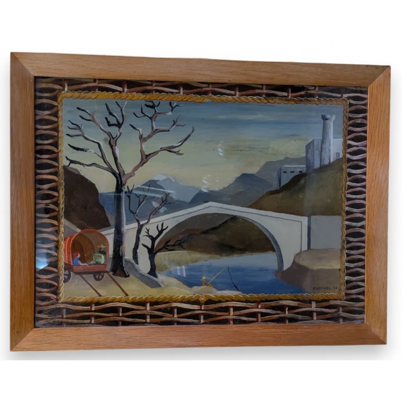 Peinture sour verre \"Pont\" signée FARAVEL 37