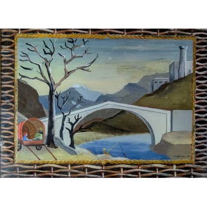 Peinture sour verre \"Pont\" signée FARAVEL 37