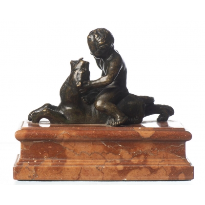 Bronze "Putto assis sur un lion"
