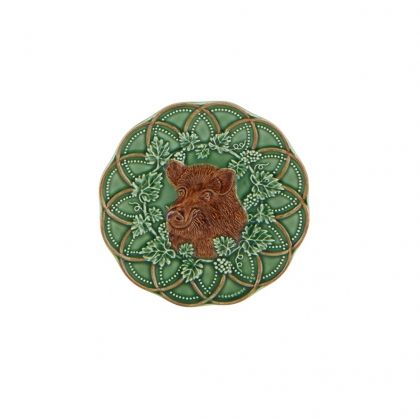 Petite assiette en faïence verte chasse Sanglier