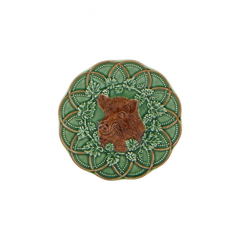 Petite assiette en faïence verte chasse Sanglier