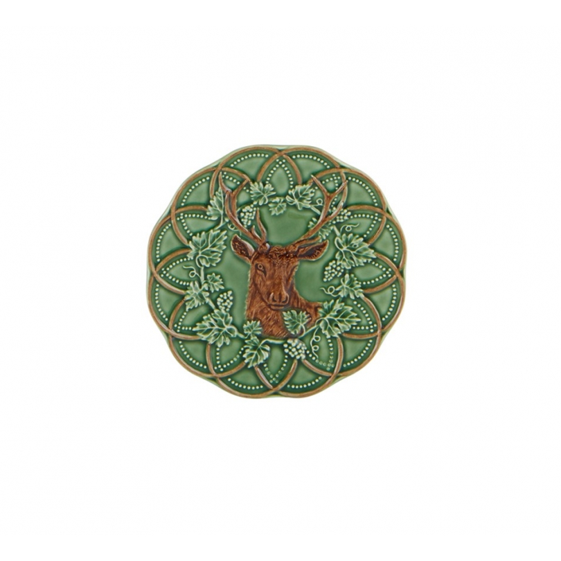 Petite assiette en faïence verte chasse Cerf