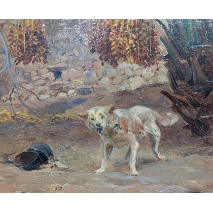 Tableau \"Chien en Algérie\" signé Eugène GIRARDET