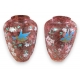 Paire de vases rose craquelé Oiseaux