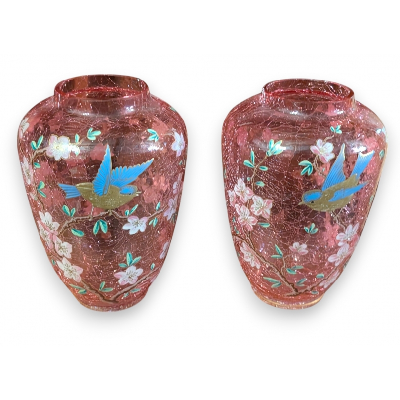 Paire de vases rose craquelé Oiseaux