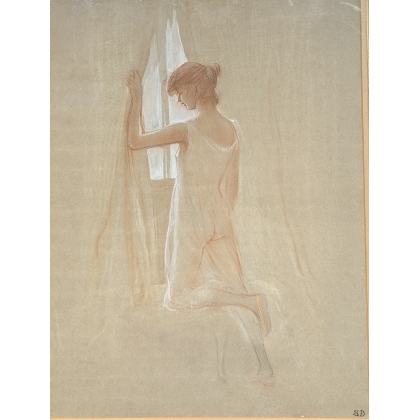 Pastel "Jeune femme à la fenêtre" signé SD