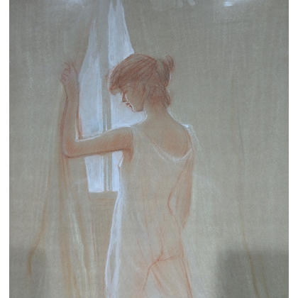 Pastel "Jeune femme à la fenêtre" signé SD
