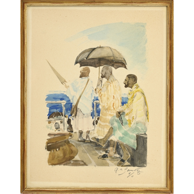 Aquarelle "Scène orientale" signée E.M. SANDOZ