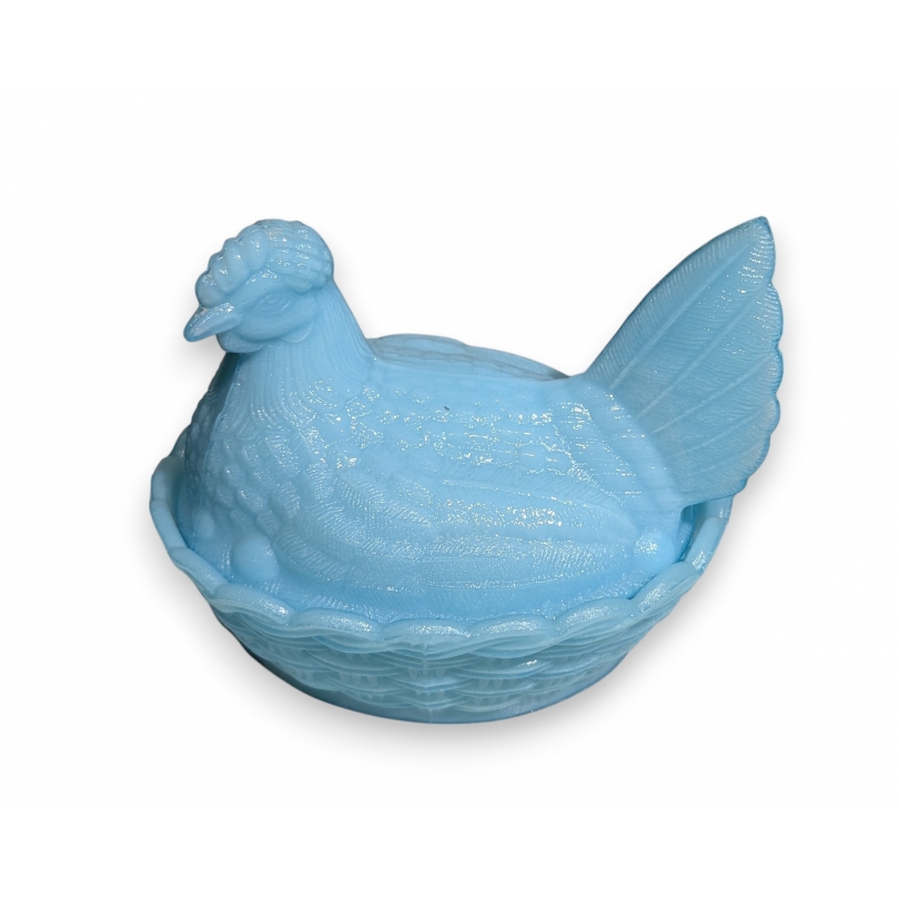 Blue moulded glass hen