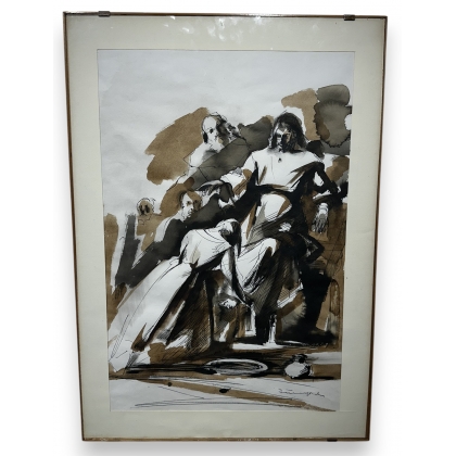 Aquarelle sépia "Lavage des pieds" signée FUMAGALLI 