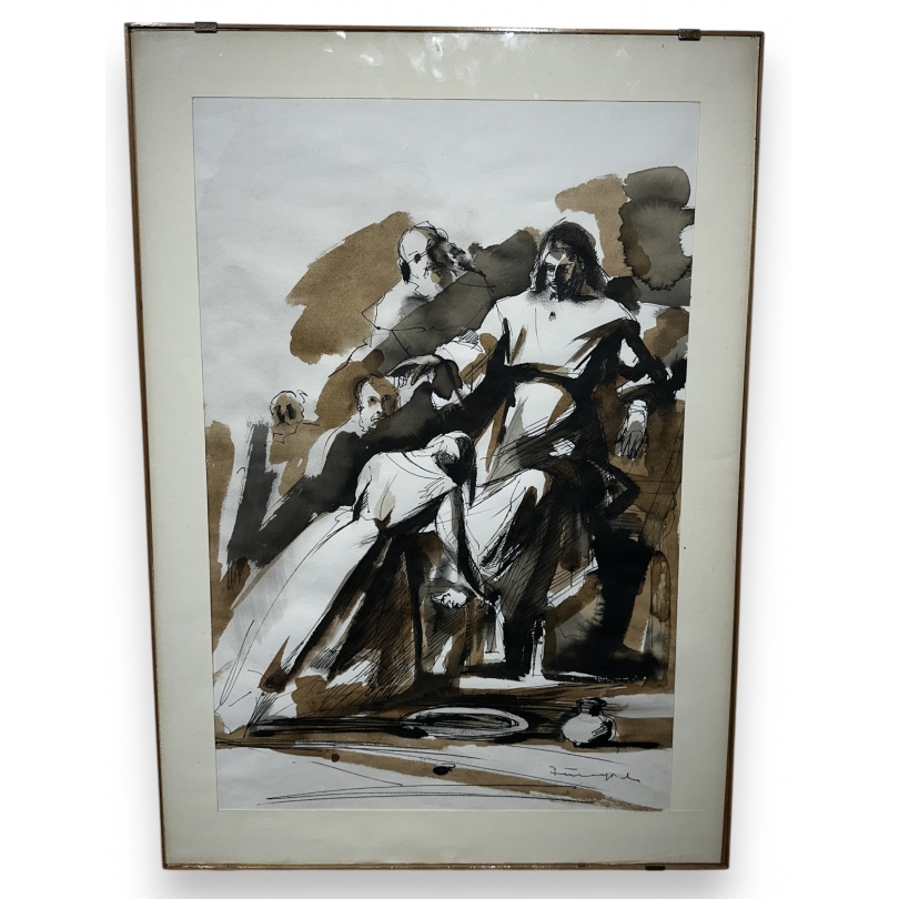 Aquarelle sépia "Lavage des pieds" signée