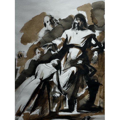 Aquarelle sépia "Lavage des pieds" signée FUMAGALLI 