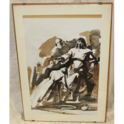 Aquarelle sépia "Lavage des pieds" signée FUMAGALLI 