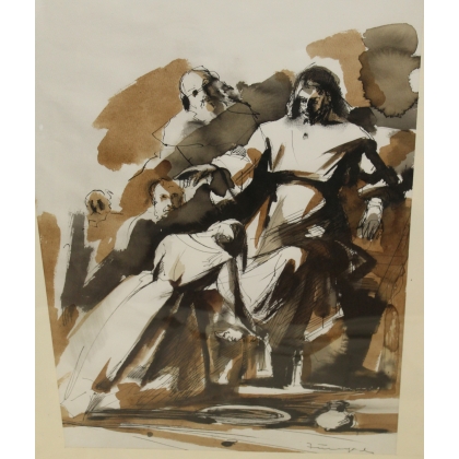 Aquarelle sépia "Lavage des pieds" signée FUMAGALLI 
