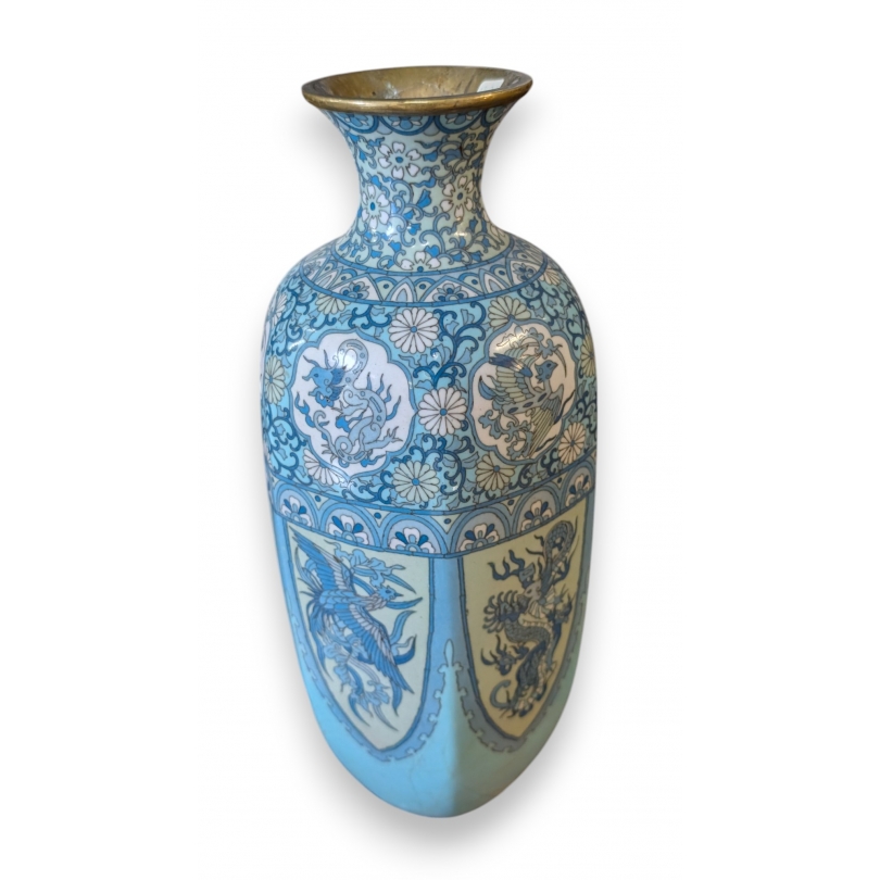 Vase hexagonal en bronze cloisonné oiseaux
