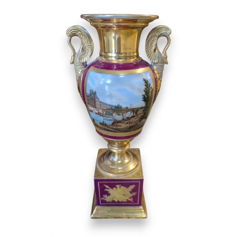 Vase \"Vue du Pont Royal\" en porcelaine de Paris