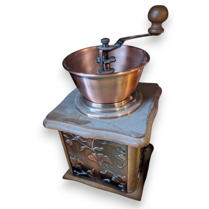 Decorative wooden and copper coffee grinder