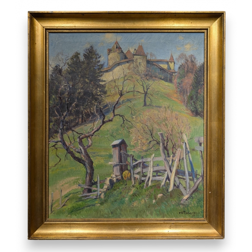 Tableau "Château de Gruyères" signé H ROBERT
