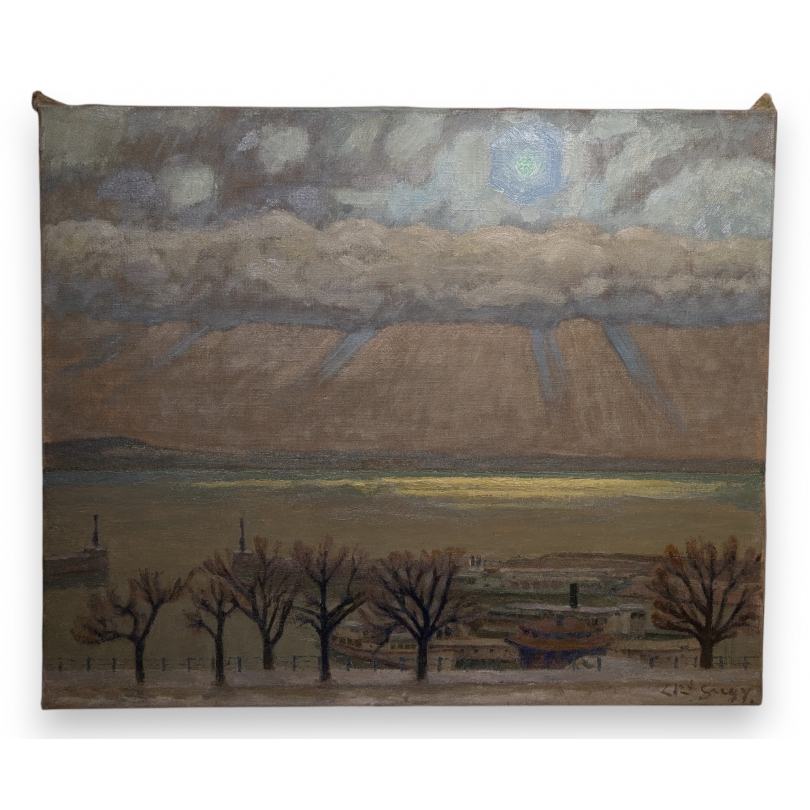 Tableau \"Port de Neuchâtel\" signé GUGY
