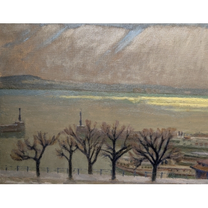 Tableau \"Port de Neuchâtel\" signé GUGY