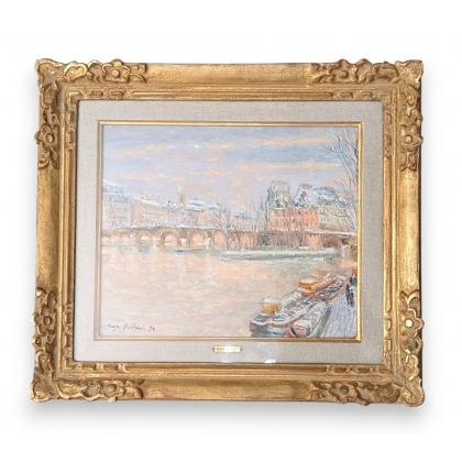 Tableau \"Neige sur le pont Neuf\" signé BELLONI