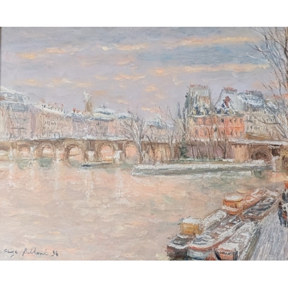 Tableau \"Neige sur le pont Neuf\" signé BELLONI