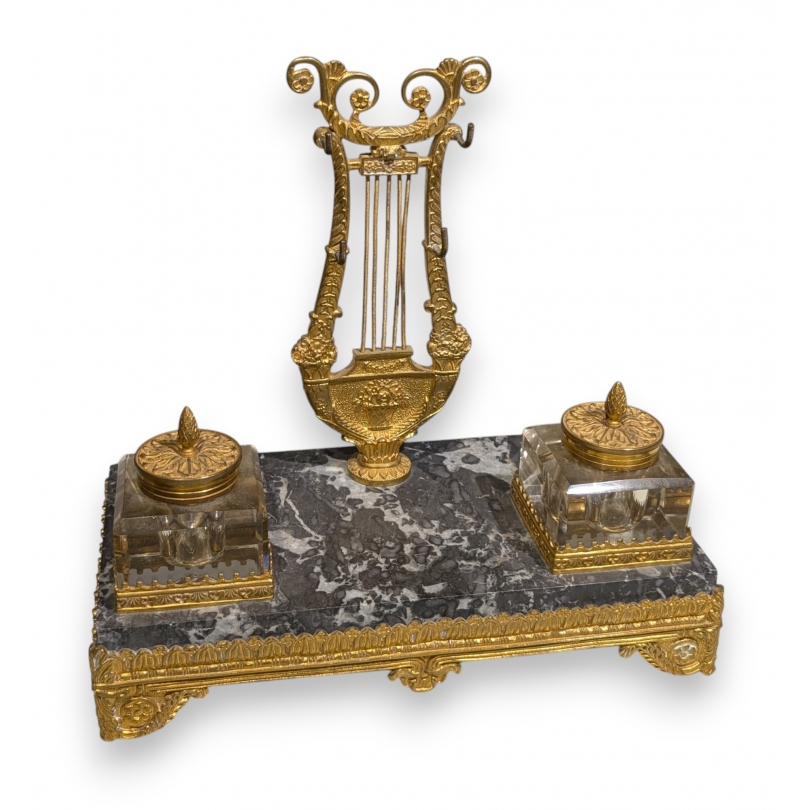 Encrier Empire en bronze et marbre gris